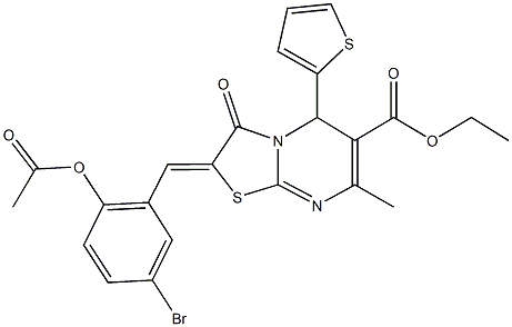 ethyl 2-[2-(acetyloxy)-5-bromobenzylidene]-7-methyl-3-oxo-5-(2-thienyl)-2,3-dihydro-5H-[1,3]thiazolo[3,2-a]pyrimidine-6-carboxylate 化学構造式