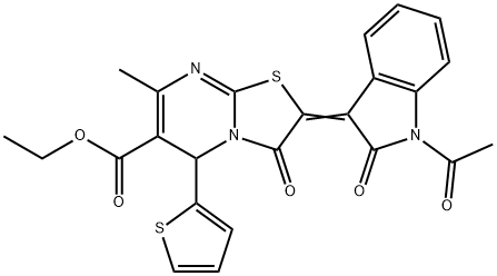 ethyl 2-(1-acetyl-2-oxo-1,2-dihydro-3H-indol-3-ylidene)-7-methyl-3-oxo-5-(2-thienyl)-2,3-dihydro-5H-[1,3]thiazolo[3,2-a]pyrimidine-6-carboxylate 化学構造式