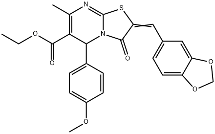 ethyl 2-(1,3-benzodioxol-5-ylmethylene)-5-(4-methoxyphenyl)-7-methyl-3-oxo-2,3-dihydro-5H-[1,3]thiazolo[3,2-a]pyrimidine-6-carboxylate Struktur