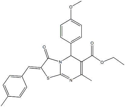 ethyl 5-(4-methoxyphenyl)-7-methyl-2-(4-methylbenzylidene)-3-oxo-2,3-dihydro-5H-[1,3]thiazolo[3,2-a]pyrimidine-6-carboxylate 化学構造式