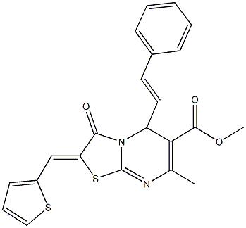 methyl 7-methyl-3-oxo-5-(2-phenylvinyl)-2-(2-thienylmethylene)-2,3-dihydro-5H-[1,3]thiazolo[3,2-a]pyrimidine-6-carboxylate 化学構造式