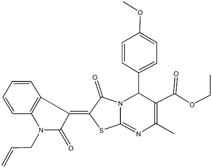 ethyl 2-(1-allyl-2-oxo-1,2-dihydro-3H-indol-3-ylidene)-5-(4-methoxyphenyl)-7-methyl-3-oxo-2,3-dihydro-5H-[1,3]thiazolo[3,2-a]pyrimidine-6-carboxylate 化学構造式