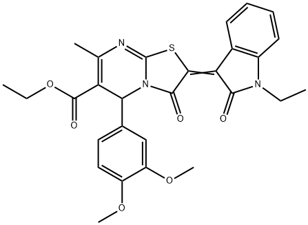 ethyl 5-(3,4-dimethoxyphenyl)-2-(1-ethyl-2-oxo-1,2-dihydro-3H-indol-3-ylidene)-7-methyl-3-oxo-2,3-dihydro-5H-[1,3]thiazolo[3,2-a]pyrimidine-6-carboxylate 结构式