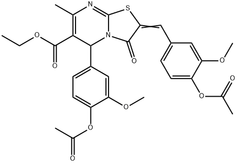 ethyl 2-[4-(acetyloxy)-3-methoxybenzylidene]-5-[4-(acetyloxy)-3-methoxyphenyl]-7-methyl-3-oxo-2,3-dihydro-5H-[1,3]thiazolo[3,2-a]pyrimidine-6-carboxylate Struktur