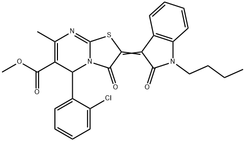 methyl 2-(1-butyl-2-oxo-1,2-dihydro-3H-indol-3-ylidene)-5-(2-chlorophenyl)-7-methyl-3-oxo-2,3-dihydro-5H-[1,3]thiazolo[3,2-a]pyrimidine-6-carboxylate Struktur