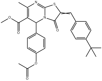 methyl 5-[4-(acetyloxy)phenyl]-2-(4-tert-butylbenzylidene)-7-methyl-3-oxo-2,3-dihydro-5H-[1,3]thiazolo[3,2-a]pyrimidine-6-carboxylate 化学構造式
