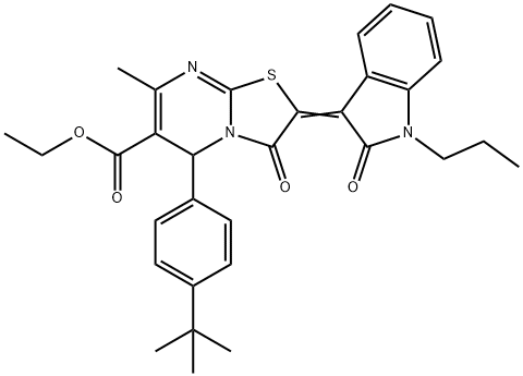 ethyl 5-(4-tert-butylphenyl)-7-methyl-3-oxo-2-(2-oxo-1-propyl-1,2-dihydro-3H-indol-3-ylidene)-2,3-dihydro-5H-[1,3]thiazolo[3,2-a]pyrimidine-6-carboxylate 结构式