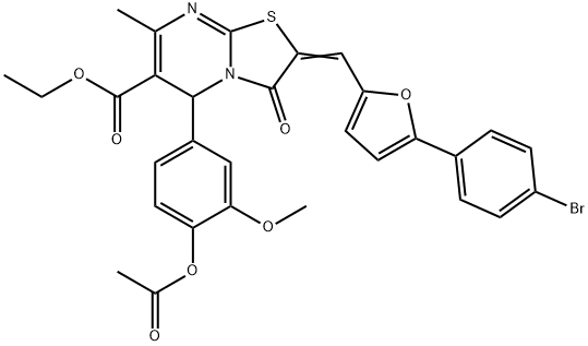 ethyl 5-[4-(acetyloxy)-3-methoxyphenyl]-2-{[5-(4-bromophenyl)-2-furyl]methylene}-7-methyl-3-oxo-2,3-dihydro-5H-[1,3]thiazolo[3,2-a]pyrimidine-6-carboxylate 化学構造式