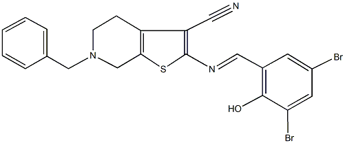 6-benzyl-2-[(3,5-dibromo-2-hydroxybenzylidene)amino]-4,5,6,7-tetrahydrothieno[2,3-c]pyridine-3-carbonitrile Struktur