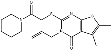 3-allyl-5,6-dimethyl-2-{[2-oxo-2-(1-piperidinyl)ethyl]sulfanyl}thieno[2,3-d]pyrimidin-4(3H)-one 结构式