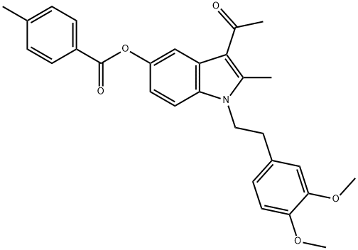 3-acetyl-1-[2-(3,4-dimethoxyphenyl)ethyl]-2-methyl-1H-indol-5-yl 4-methylbenzoate Struktur