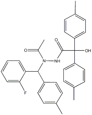 N'-acetyl-N'-[(2-fluorophenyl)(4-methylphenyl)methyl]-2-hydroxy-2,2-bis(4-methylphenyl)acetohydrazide Structure