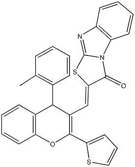 2-{[4-(2-methylphenyl)-2-(2-thienyl)-4H-chromen-3-yl]methylene}[1,3]thiazolo[3,2-a]benzimidazol-3(2H)-one 化学構造式