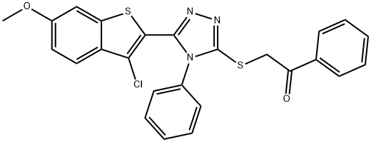 2-{[5-(3-chloro-6-methoxy-1-benzothien-2-yl)-4-phenyl-4H-1,2,4-triazol-3-yl]sulfanyl}-1-phenylethanone 化学構造式