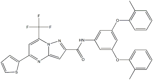 N-[3,5-bis(2-methylphenoxy)phenyl]-5-(2-thienyl)-7-(trifluoromethyl)pyrazolo[1,5-a]pyrimidine-2-carboxamide Struktur