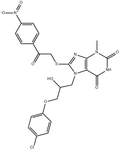 7-[3-(4-chlorophenoxy)-2-hydroxypropyl]-8-[(2-{4-nitrophenyl}-2-oxoethyl)sulfanyl]-3-methyl-3,7-dihydro-1H-purine-2,6-dione 化学構造式