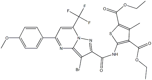diethyl 5-({[3-bromo-5-(4-methoxyphenyl)-7-(trifluoromethyl)pyrazolo[1,5-a]pyrimidin-2-yl]carbonyl}amino)-3-methyl-2,4-thiophenedicarboxylate 化学構造式