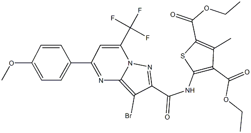 diethyl 5-({[3-bromo-5-(4-methoxyphenyl)-7-(trifluoromethyl)pyrazolo[1,5-a]pyrimidin-2-yl]carbonyl}amino)-3-methyl-2,4-thiophenedicarboxylate Struktur