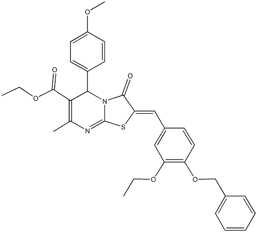 ethyl 2-[4-(benzyloxy)-3-ethoxybenzylidene]-5-(4-methoxyphenyl)-7-methyl-3-oxo-2,3-dihydro-5H-[1,3]thiazolo[3,2-a]pyrimidine-6-carboxylate 化学構造式