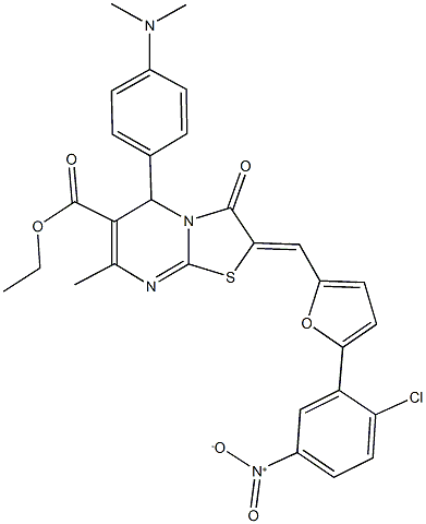 ethyl 2-[(5-{2-chloro-5-nitrophenyl}-2-furyl)methylene]-5-[4-(dimethylamino)phenyl]-7-methyl-3-oxo-2,3-dihydro-5H-[1,3]thiazolo[3,2-a]pyrimidine-6-carboxylate Struktur