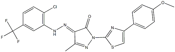 1-[4-(4-methoxyphenyl)-1,3-thiazol-2-yl]-3-methyl-1H-pyrazole-4,5-dione 4-{[2-chloro-5-(trifluoromethyl)phenyl]hydrazone} 化学構造式