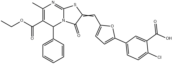 2-chloro-5-{5-[(6-(ethoxycarbonyl)-7-methyl-3-oxo-5-phenyl-5H-[1,3]thiazolo[3,2-a]pyrimidin-2(3H)-ylidene)methyl]-2-furyl}benzoic acid 结构式