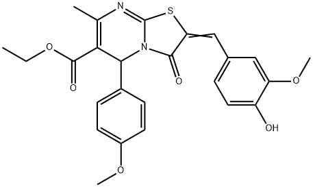 ethyl 2-(4-hydroxy-3-methoxybenzylidene)-5-(4-methoxyphenyl)-7-methyl-3-oxo-2,3-dihydro-5H-[1,3]thiazolo[3,2-a]pyrimidine-6-carboxylate Struktur