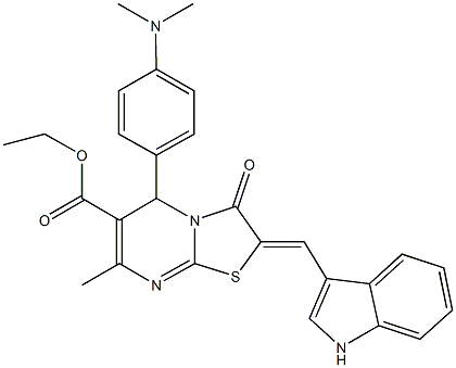 ethyl 5-[4-(dimethylamino)phenyl]-2-(1H-indol-3-ylmethylene)-7-methyl-3-oxo-2,3-dihydro-5H-[1,3]thiazolo[3,2-a]pyrimidine-6-carboxylate 结构式