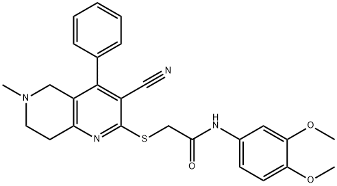 N-[3,4-bis(methyloxy)phenyl]-2-[(3-cyano-6-methyl-4-phenyl-5,6,7,8-tetrahydro[1,6]naphthyridin-2-yl)sulfanyl]acetamide Struktur
