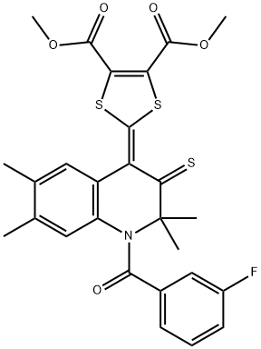 dimethyl 2-(1-(3-fluorobenzoyl)-2,2,6,7-tetramethyl-3-thioxo-2,3-dihydro-4(1H)-quinolinylidene)-1,3-dithiole-4,5-dicarboxylate 结构式