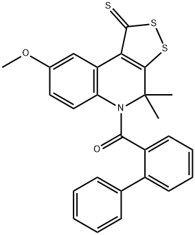 5-([1,1'-biphenyl]-2-ylcarbonyl)-8-methoxy-4,4-dimethyl-4,5-dihydro-1H-[1,2]dithiolo[3,4-c]quinoline-1-thione Struktur