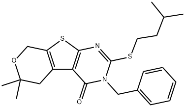 3-benzyl-2-(isopentylsulfanyl)-6,6-dimethyl-3,5,6,8-tetrahydro-4H-pyrano[4',3':4,5]thieno[2,3-d]pyrimidin-4-one,327168-16-1,结构式