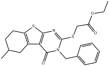 ethyl [(3-benzyl-6-methyl-4-oxo-3,4,5,6,7,8-hexahydro[1]benzothieno[2,3-d]pyrimidin-2-yl)sulfanyl]acetate 化学構造式