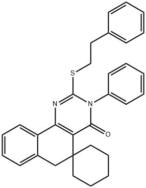 3-phenyl-2-[(2-phenylethyl)sulfanyl]-5,6-dihydrospiro[benzo[h]quinazoline-5,1'-cyclohexane]-4(3H)-one Struktur