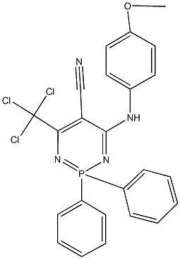 4-(4-methoxyanilino)-2,2-diphenyl-6-(trichloromethyl)-1,3,2lambda~5~-diazaphosphinine-5-carbonitrile 化学構造式