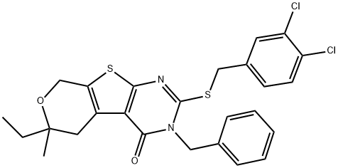 3-benzyl-2-[(3,4-dichlorobenzyl)sulfanyl]-6-ethyl-6-methyl-3,5,6,8-tetrahydro-4H-pyrano[4',3':4,5]thieno[2,3-d]pyrimidin-4-one,328069-03-0,结构式