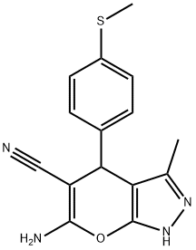 6-amino-3-methyl-4-[4-(methylsulfanyl)phenyl]-1,4-dihydropyrano[2,3-c]pyrazole-5-carbonitrile Struktur