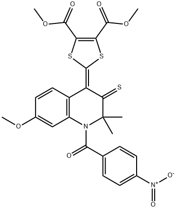 dimethyl 2-(1-{4-nitrobenzoyl}-7-methoxy-2,2-dimethyl-3-thioxo-2,3-dihydroquinolin-4(1H)-ylidene)-1,3-dithiole-4,5-dicarboxylate 化学構造式