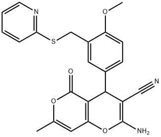 2-amino-4-{4-methoxy-3-[(2-pyridinylsulfanyl)methyl]phenyl}-7-methyl-5-oxo-4H,5H-pyrano[4,3-b]pyran-3-carbonitrile 结构式
