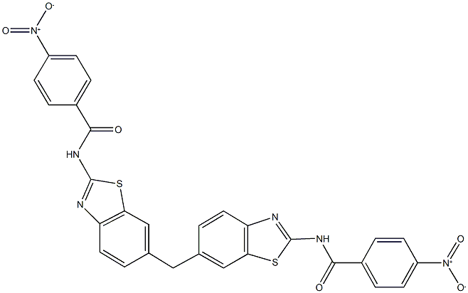 4-nitro-N-[6-({2-[({4-nitrophenyl}carbonyl)amino]-1,3-benzothiazol-6-yl}methyl)-1,3-benzothiazol-2-yl]benzamide 化学構造式