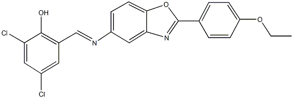 2,4-dichloro-6-({[2-(4-ethoxyphenyl)-1,3-benzoxazol-5-yl]imino}methyl)phenol 化学構造式