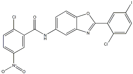 2-chloro-N-[2-(2-chloro-5-iodophenyl)-1,3-benzoxazol-5-yl]-5-nitrobenzamide 结构式