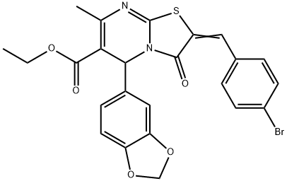 ethyl 5-(1,3-benzodioxol-5-yl)-2-(4-bromobenzylidene)-7-methyl-3-oxo-2,3-dihydro-5H-[1,3]thiazolo[3,2-a]pyrimidine-6-carboxylate 化学構造式