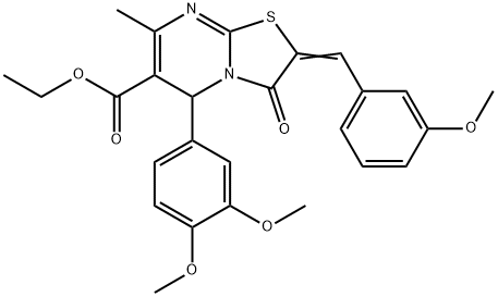 ethyl 5-(3,4-dimethoxyphenyl)-2-(3-methoxybenzylidene)-7-methyl-3-oxo-2,3-dihydro-5H-[1,3]thiazolo[3,2-a]pyrimidine-6-carboxylate 化学構造式