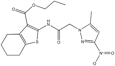 propyl 2-[({3-nitro-5-methyl-1H-pyrazol-1-yl}acetyl)amino]-4,5,6,7-tetrahydro-1-benzothiophene-3-carboxylate 结构式