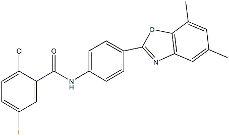 2-chloro-N-[4-(5,7-dimethyl-1,3-benzoxazol-2-yl)phenyl]-5-iodobenzamide Structure