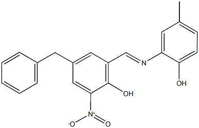 4-benzyl-2-{[(2-hydroxy-5-methylphenyl)imino]methyl}-6-nitrophenol 结构式
