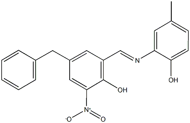 4-benzyl-2-{[(2-hydroxy-5-methylphenyl)imino]methyl}-6-nitrophenol Structure