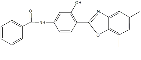 N-[4-(5,7-dimethyl-1,3-benzoxazol-2-yl)-3-hydroxyphenyl]-2,5-diiodobenzamide Struktur