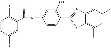 N-[4-(5,7-dimethyl-1,3-benzoxazol-2-yl)-3-hydroxyphenyl]-2,5-diiodobenzamide 化学構造式